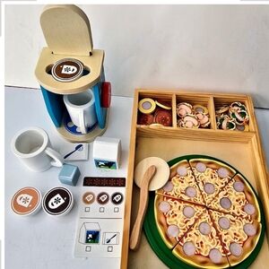 Wooden Play Pizza Set with Toppings and Accessories - Yellow, Green, Brown
